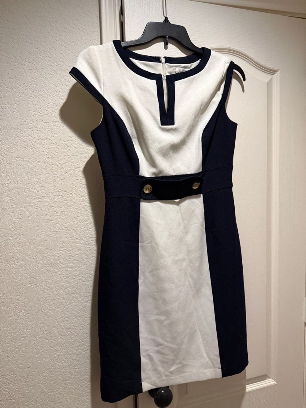Studio I Navy and White Colorblock Asymmetrical Sheath Dress